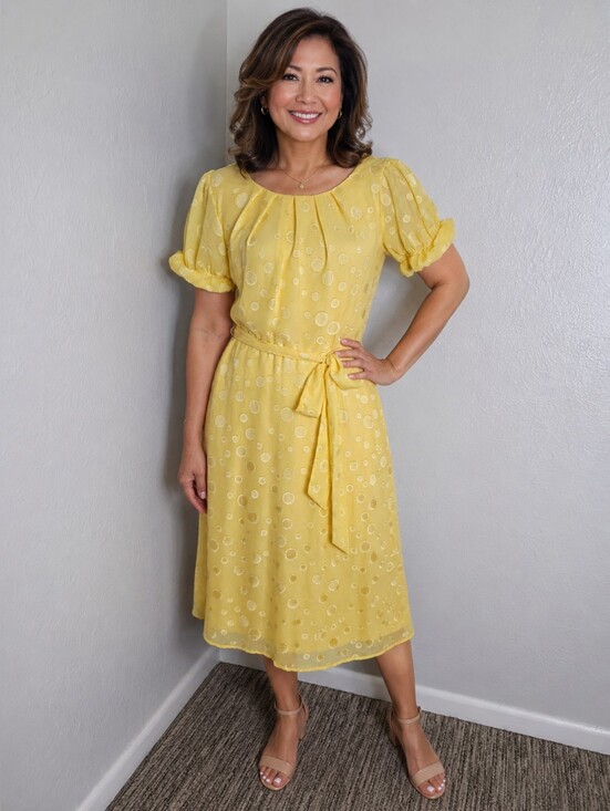NY Collection Dresses & Skirts - NY Collection Yellow Swiss Dot Tie-Waist Dress, Short Puff Sleeves, Size PM, NWT